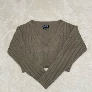 POSTER GIRL V-Neck Cable Knit Sweater in Taupe